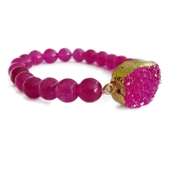 Fuchsia Pink Druzy Stone Beaded Bracelet